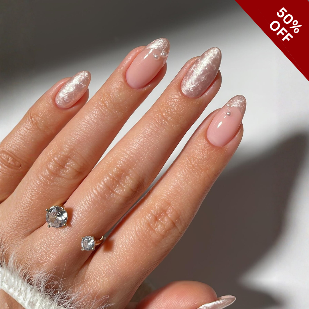 Soft Botanica press-on nails on hand - lifestyle photo, cat-eye velvet finish