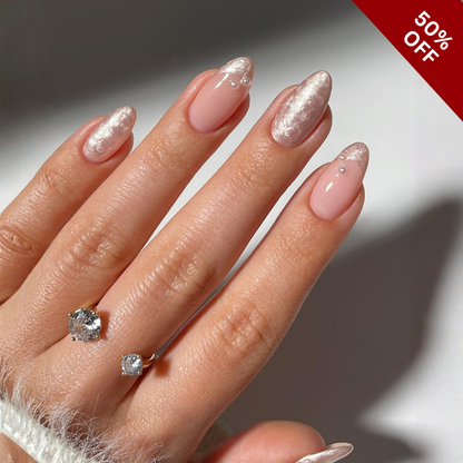 Soft Botanica press-on nails on hand - lifestyle photo, cat-eye velvet finish