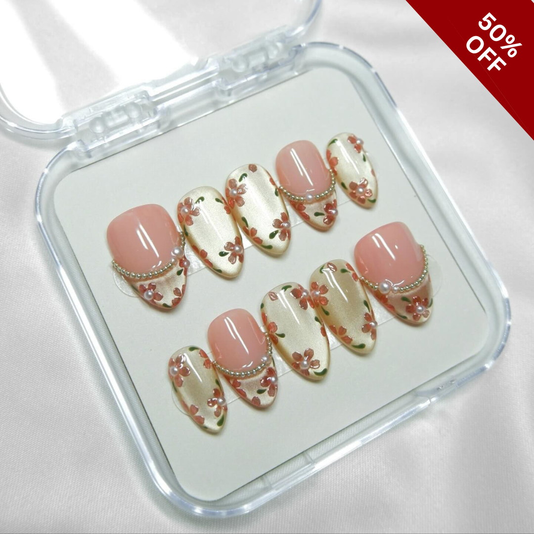 Floral Aura press-on nails on hand - lifestyle photo, cat-eye velvet finish