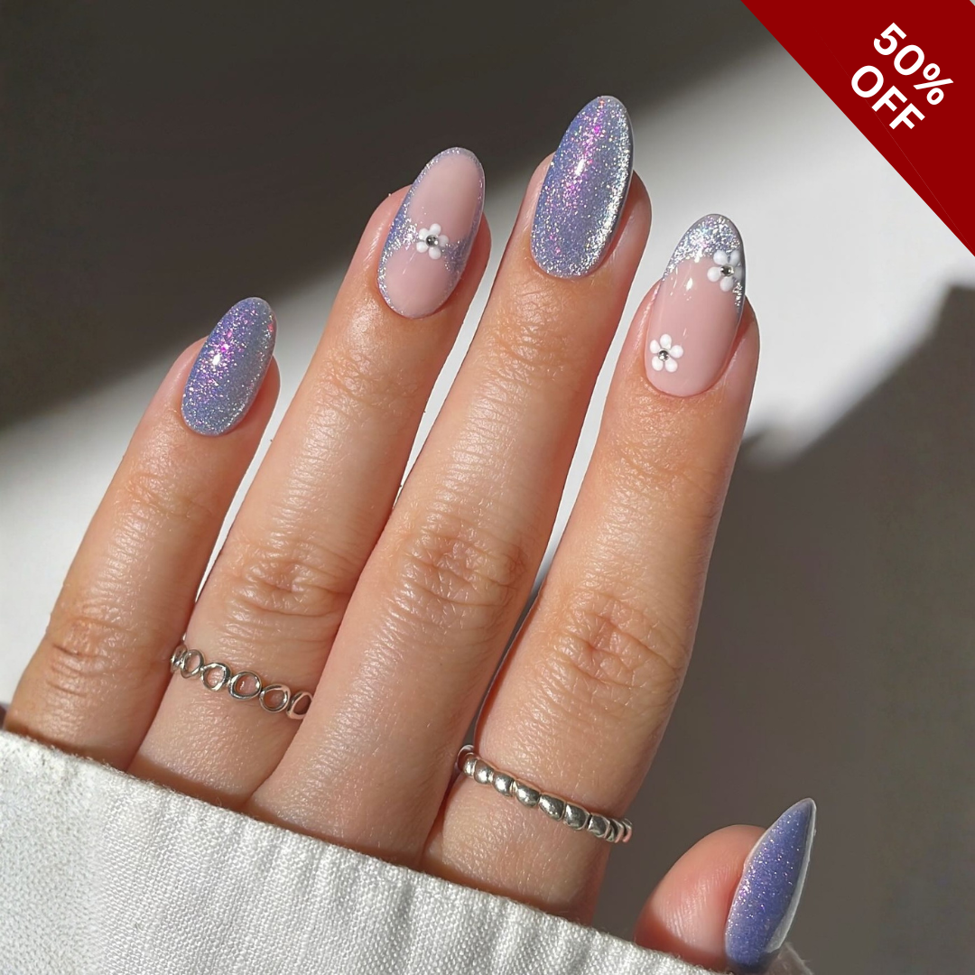 Tender Florals press-on nail set - XS to L sizing, cat-eye velvet design