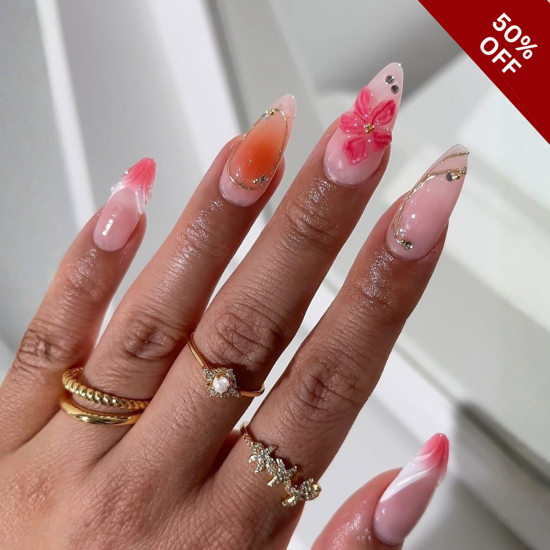 Gentle Blooms press-on nail set - XS to L sizing, cat-eye velvet design