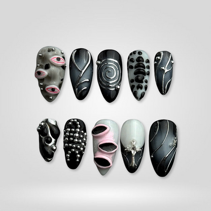 Eternal Darkness press-on nails close-up texture detail - floral finish, US shipping