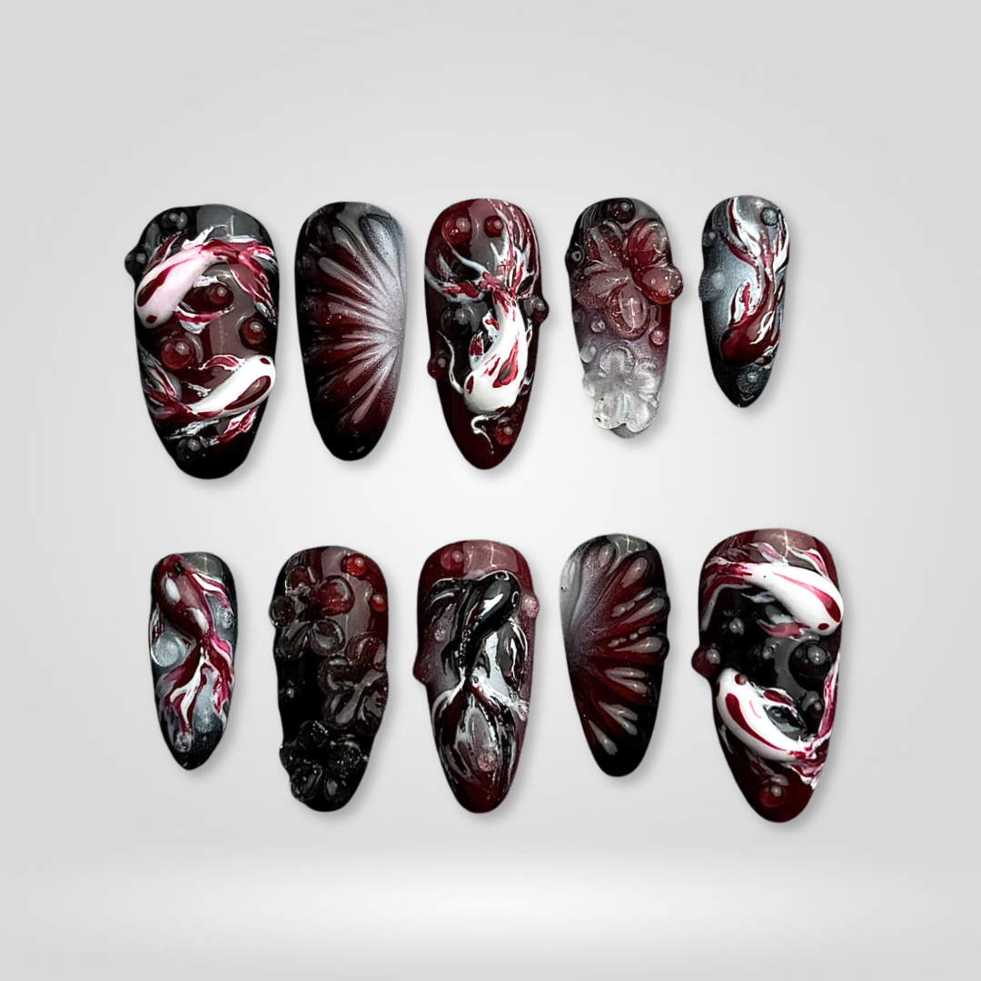 Eternal Darkness press-on nails on hand - lifestyle photo, floral finish