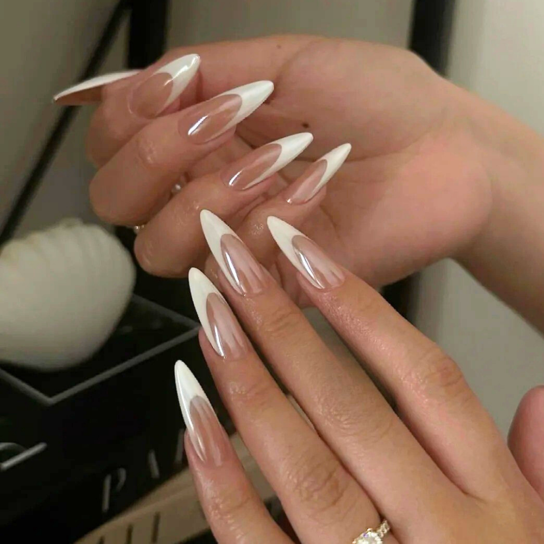 Elegant French press-on nails close-up texture detail - french tip finish, US shipping