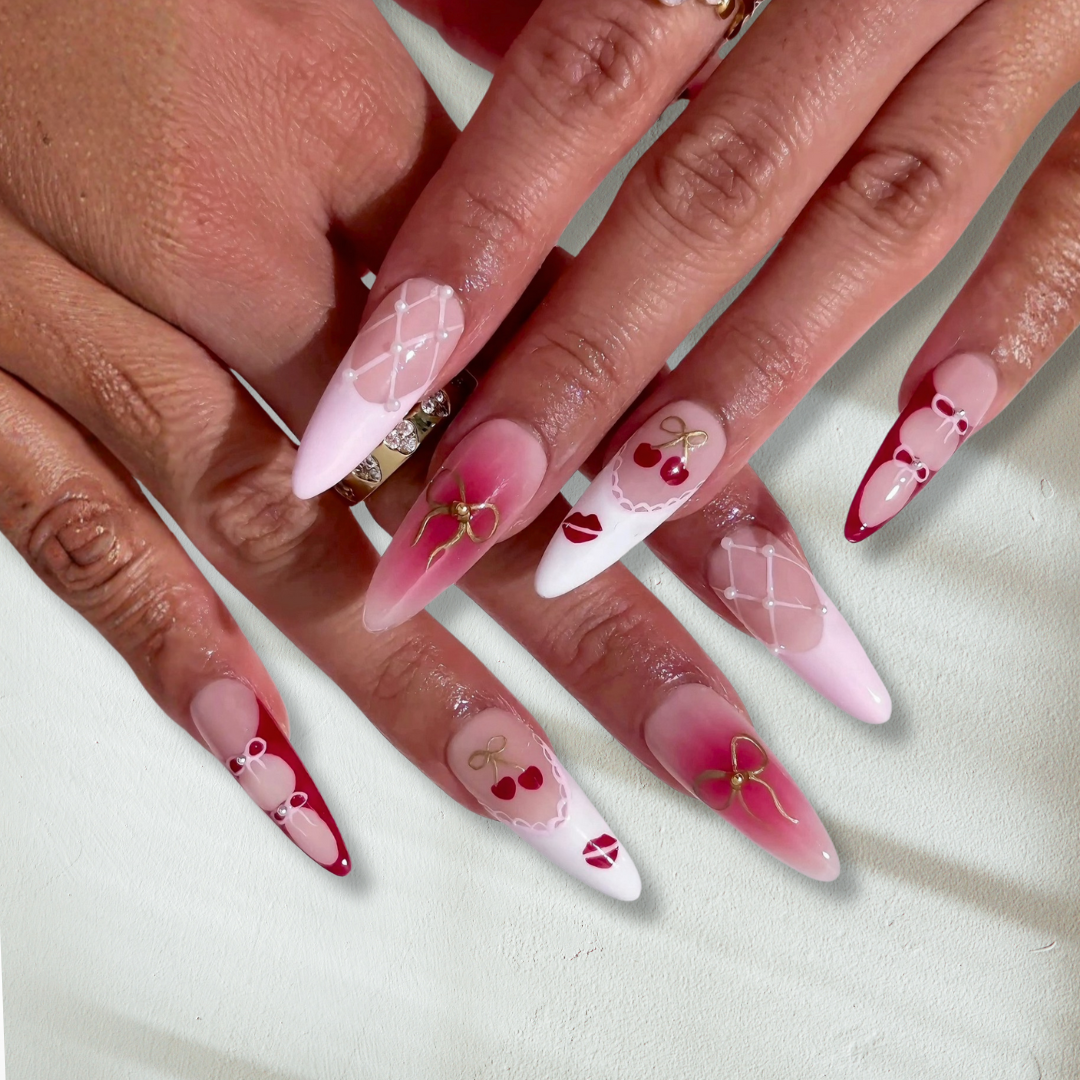 Valentine Romance press-on nails close-up texture detail - cat-eye velvet finish, US shipping