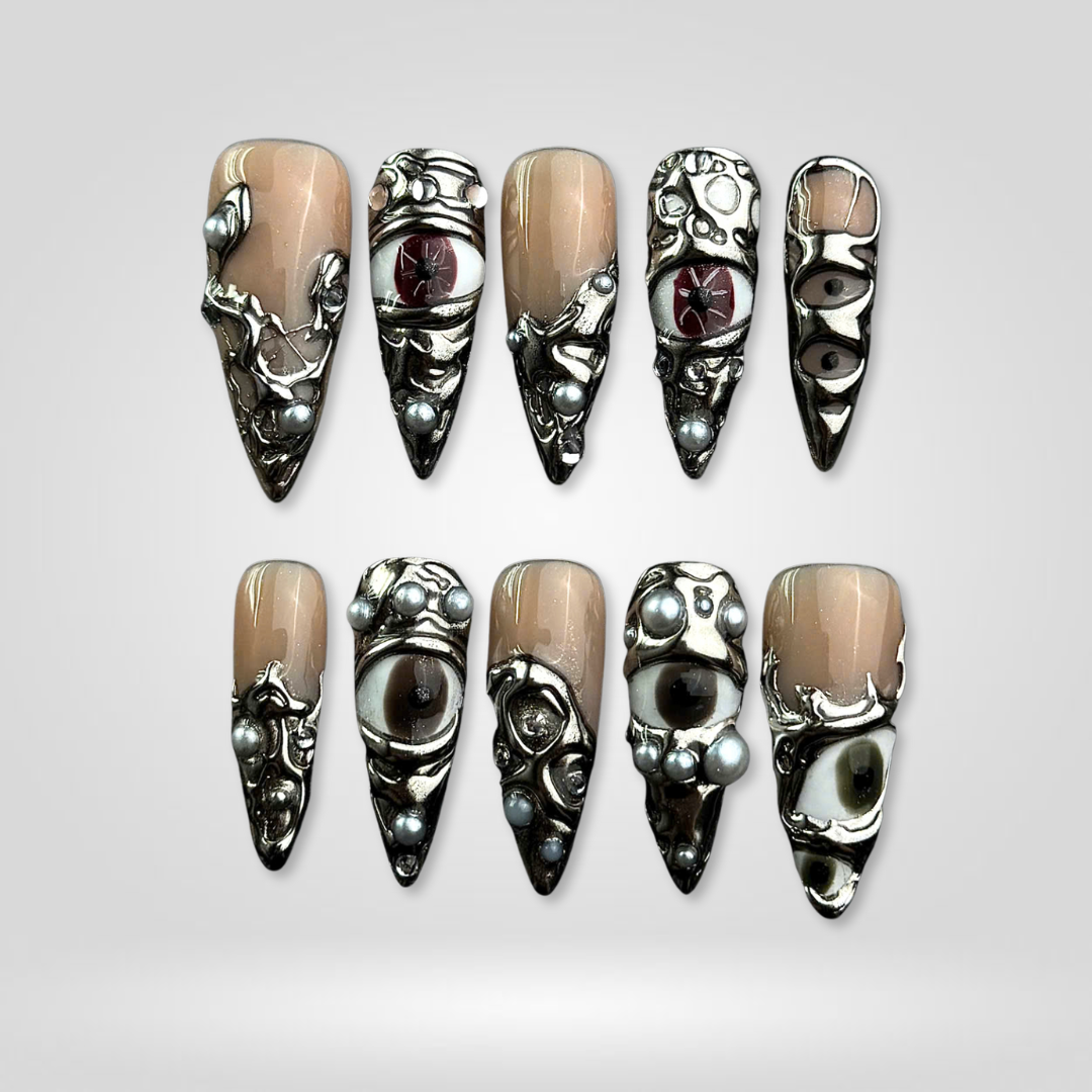 Dark Enchantment press-on nails close-up texture detail - floral finish, US shipping