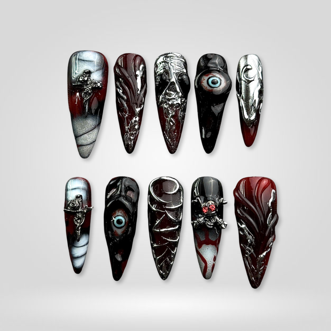 Dark Enchantment floral press-on nails - almond shape, front view