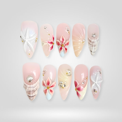 Seaside Muse cat-eye velvet press-on nails - almond shape, front view