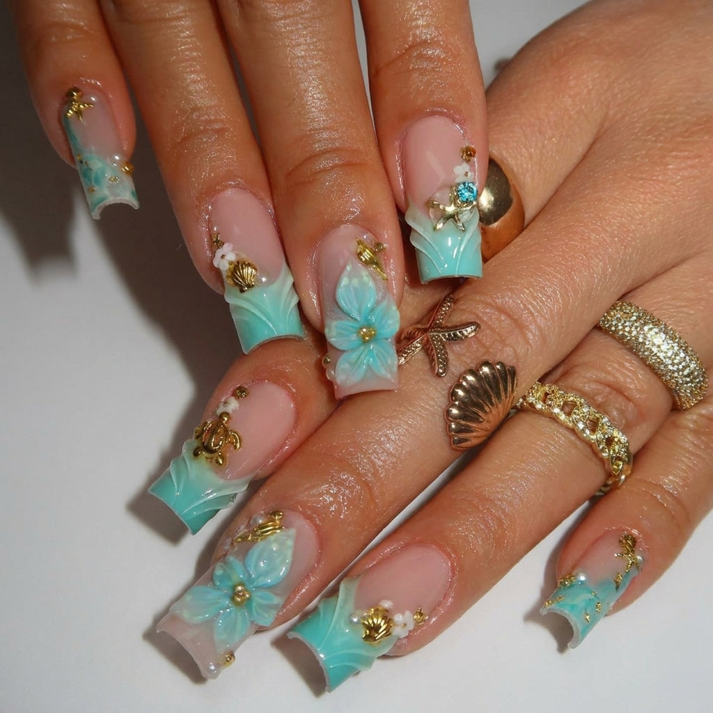 Tropical Garden press-on nails on hand - lifestyle photo, cat-eye velvet finish