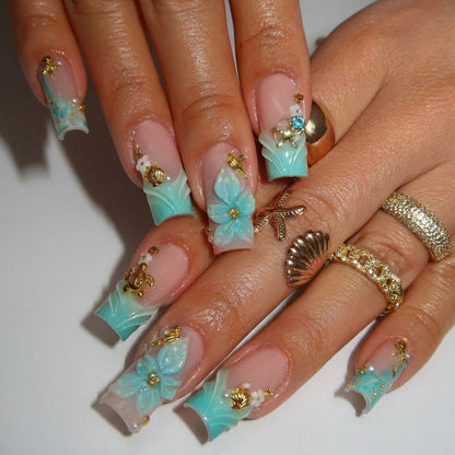 Tropical Garden press-on nails on hand - lifestyle photo, cat-eye velvet finish