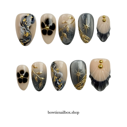 GOLDEN NEBULA pearl-shift press-on nails - almond shape, front view