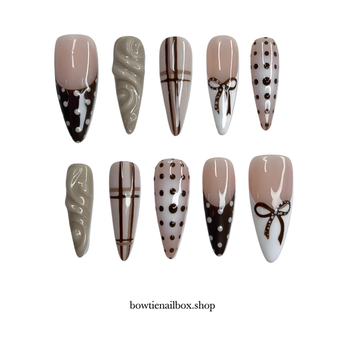 MOCHA CHIC polka dot press-on nails - almond shape, front view