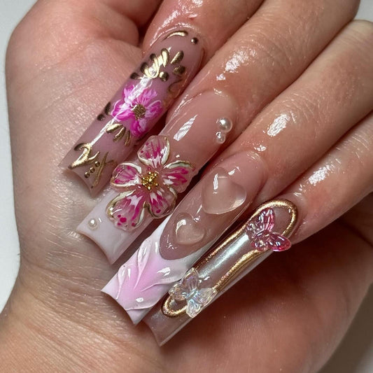 Blooming Elegance 3d sculptural press-on nails - square shape, front view