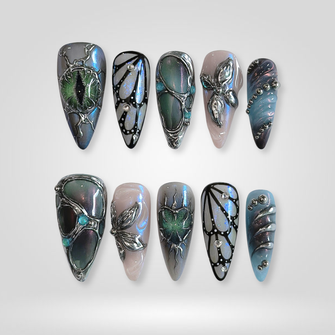 Celestial Chrome 3d sculptural press-on nails - almond shape, front view