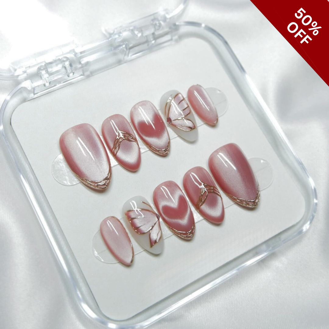 Floral Aura press-on nail set - XS to L sizing, cat-eye velvet design