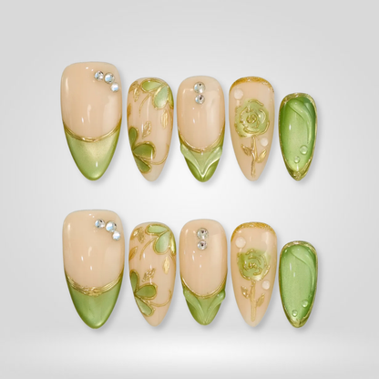 Pistachio Bloom floral press-on nails - almond shape, front view