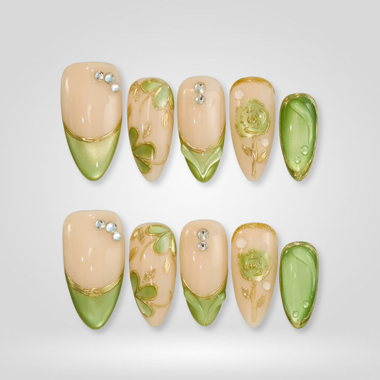 Pistachio Bloom floral press-on nails - almond shape, front view