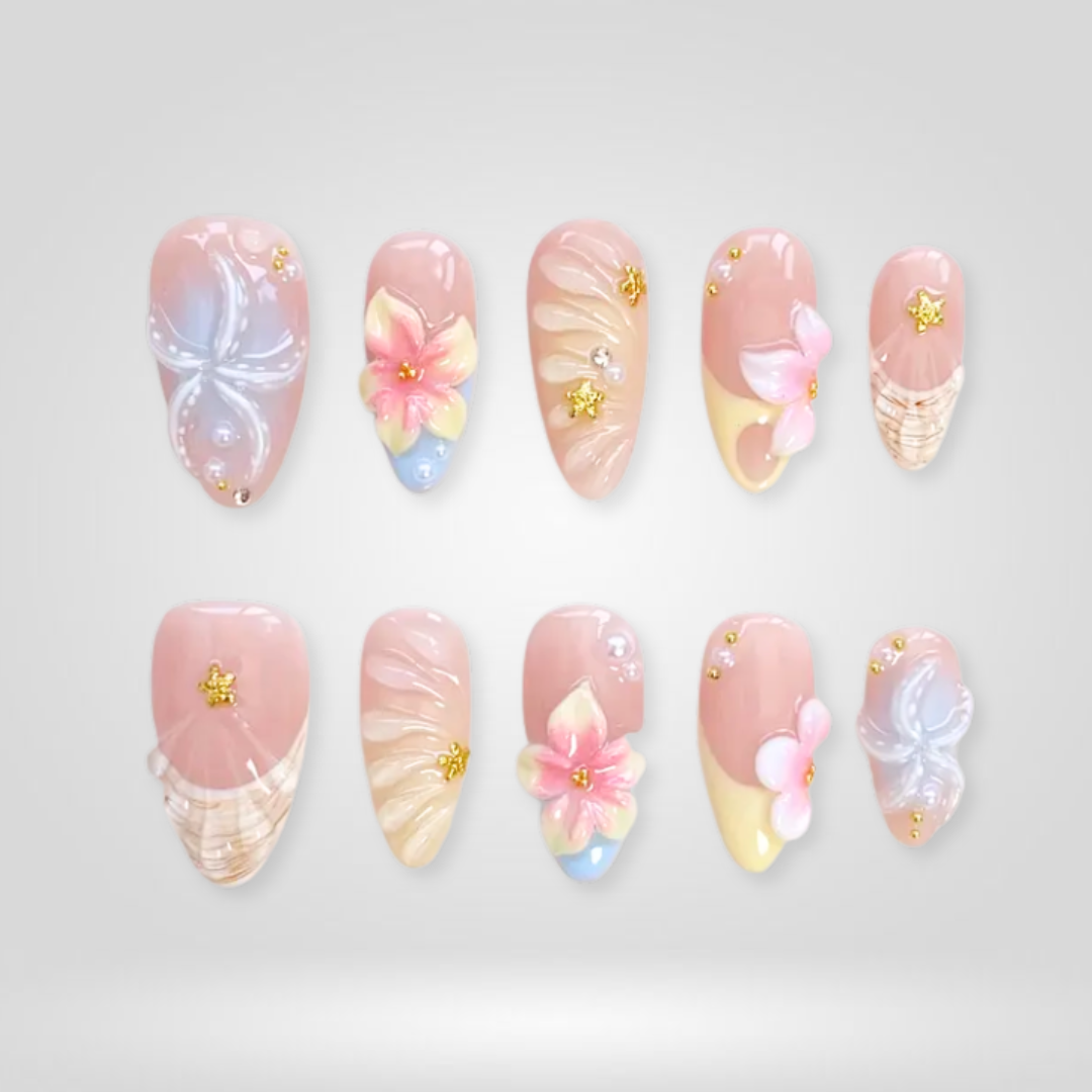 Seaside Muse press-on nails on hand - lifestyle photo, cat-eye velvet finish