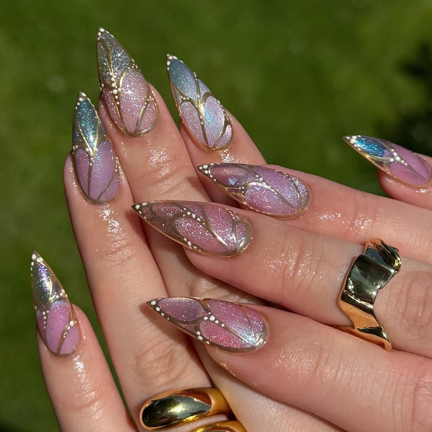 Chrome Crush press-on nail set - XS to L sizing, pearl-shift design