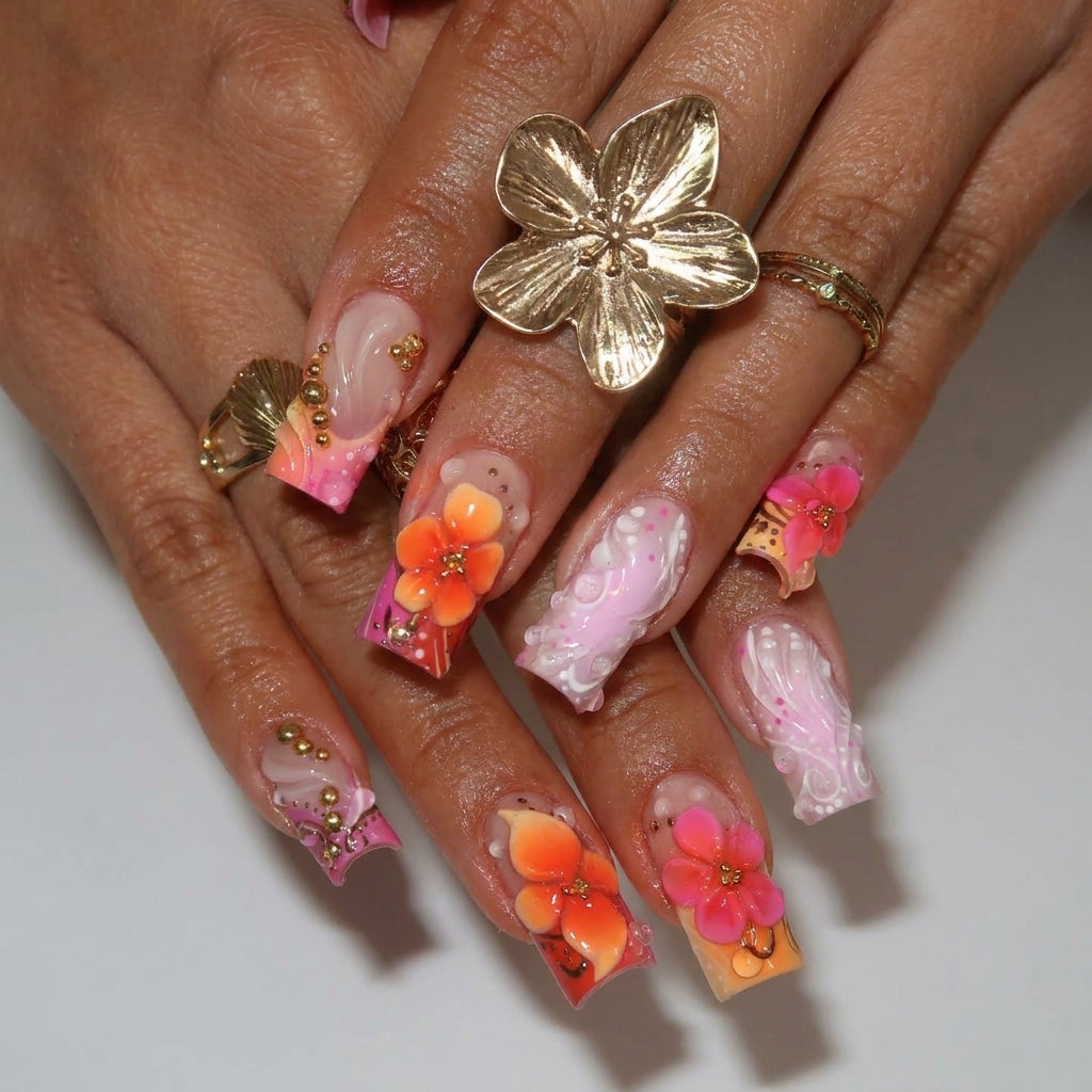 Tropical Garden press-on nail set - XS to L sizing, cat-eye velvet design