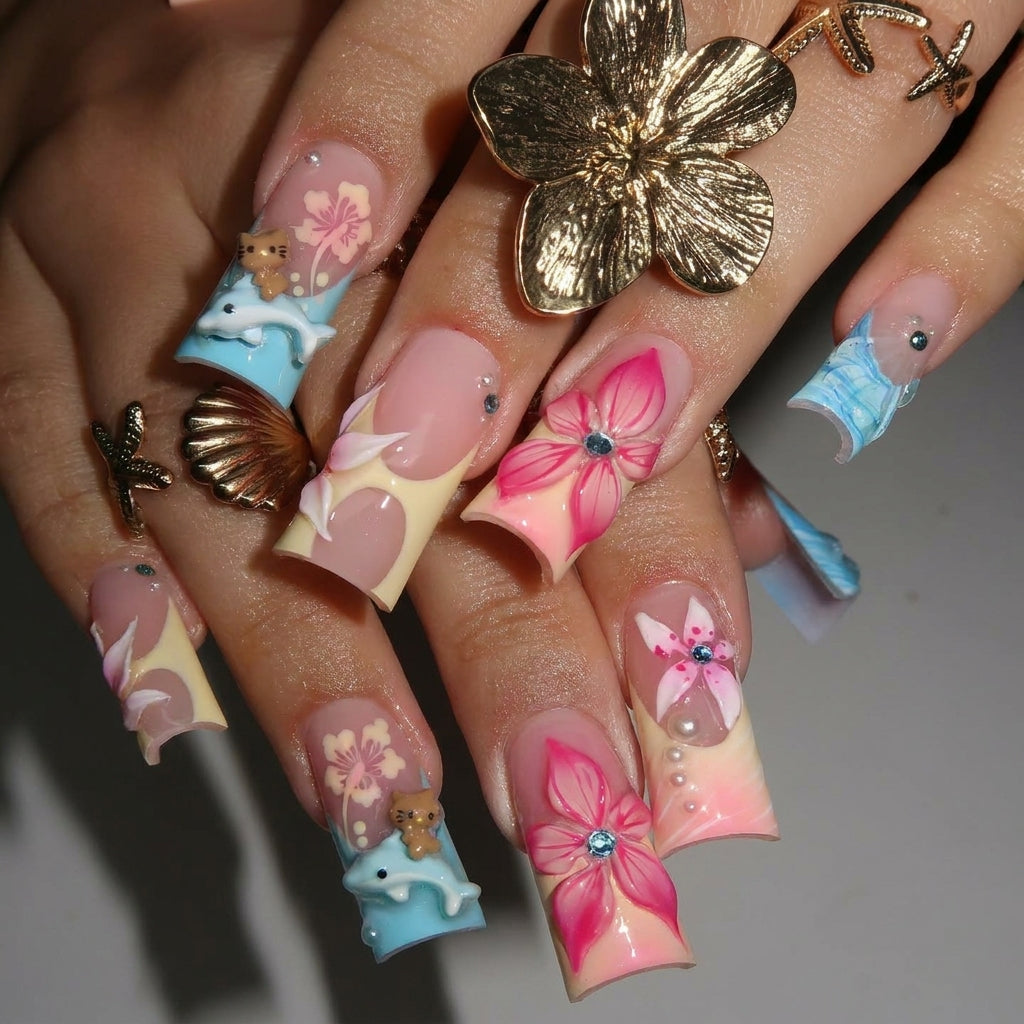 Tropical Garden press-on nails close-up texture detail - cat-eye velvet finish, US shipping