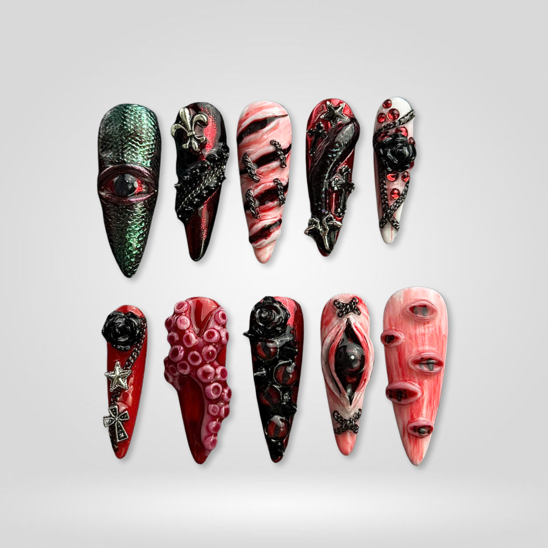 Dark Enchantment press-on nail set - XS to L sizing, floral design