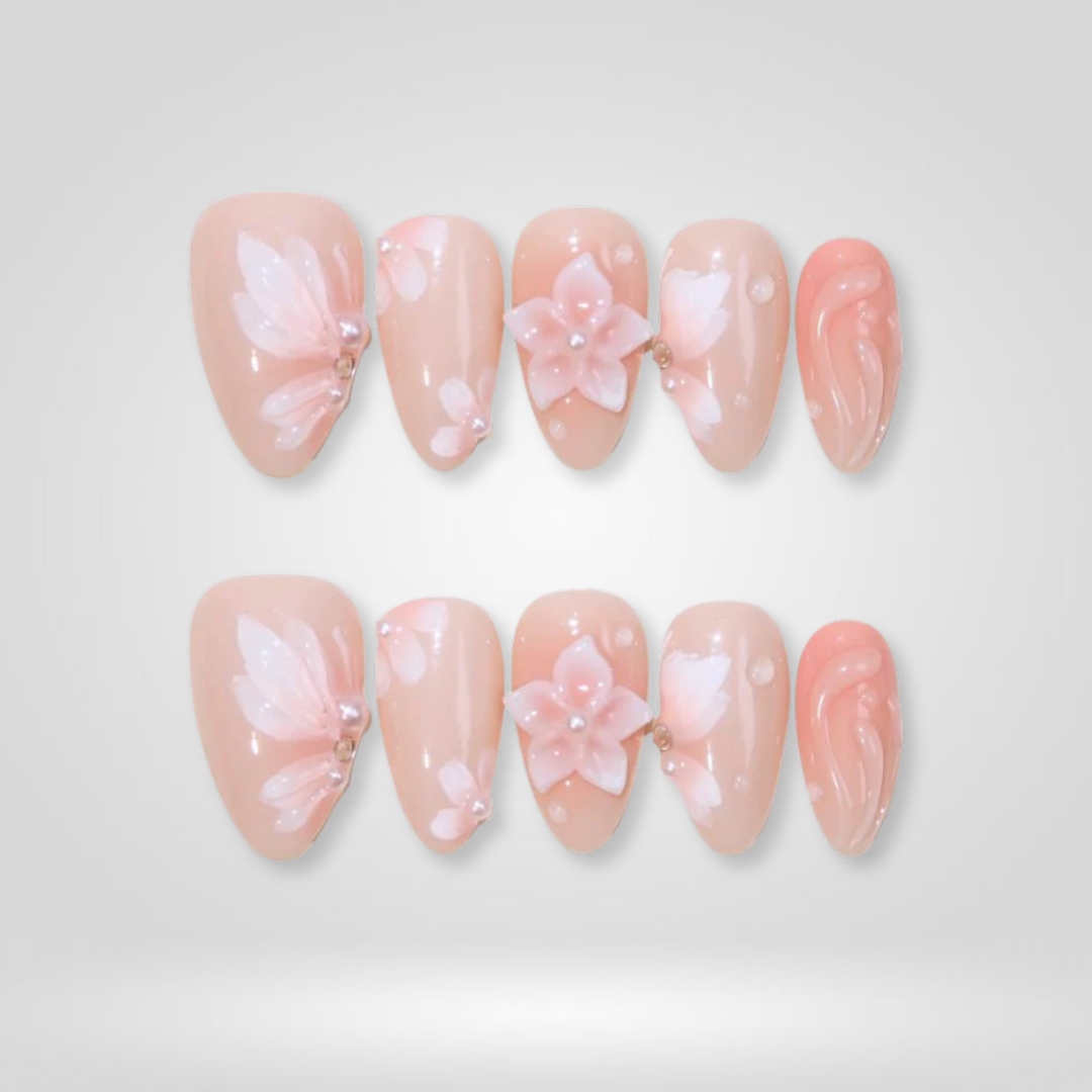 Petal Glowy floral press-on nails - almond shape, front view