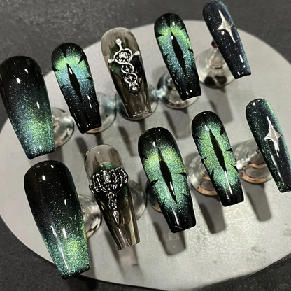 Ethereal Eyes press-on nails on hand - lifestyle photo, pearl-shift finish