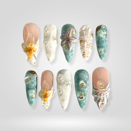 Seaside Muse press-on nail set - XS to L sizing, cat-eye velvet design