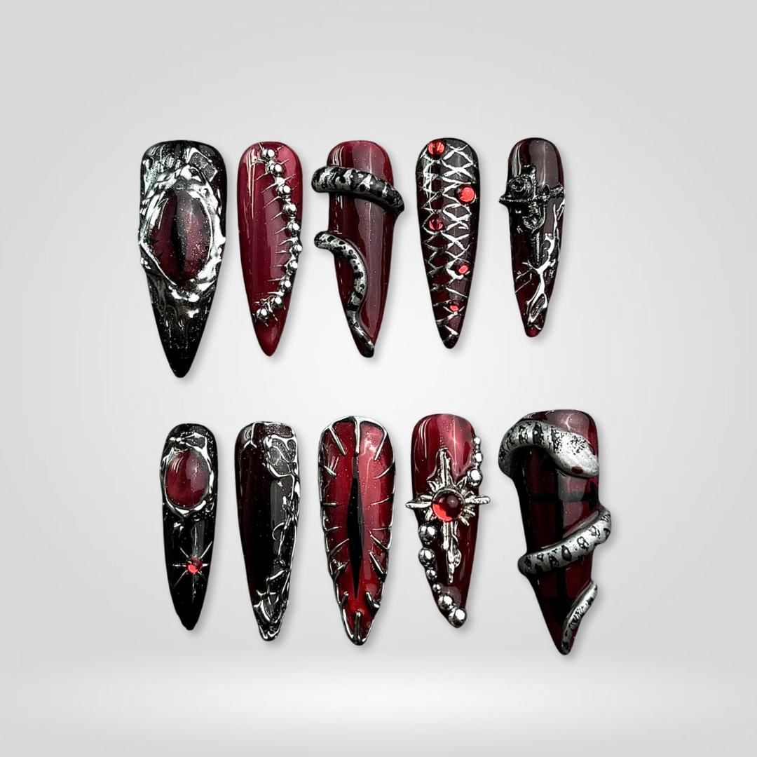 Creepy Whispers press-on nails on hand - lifestyle photo, seasonal finish