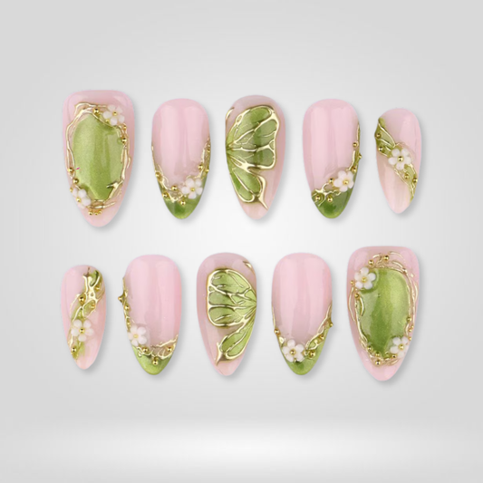 Blossom Reverie polka dot press-on nails - almond shape, front view