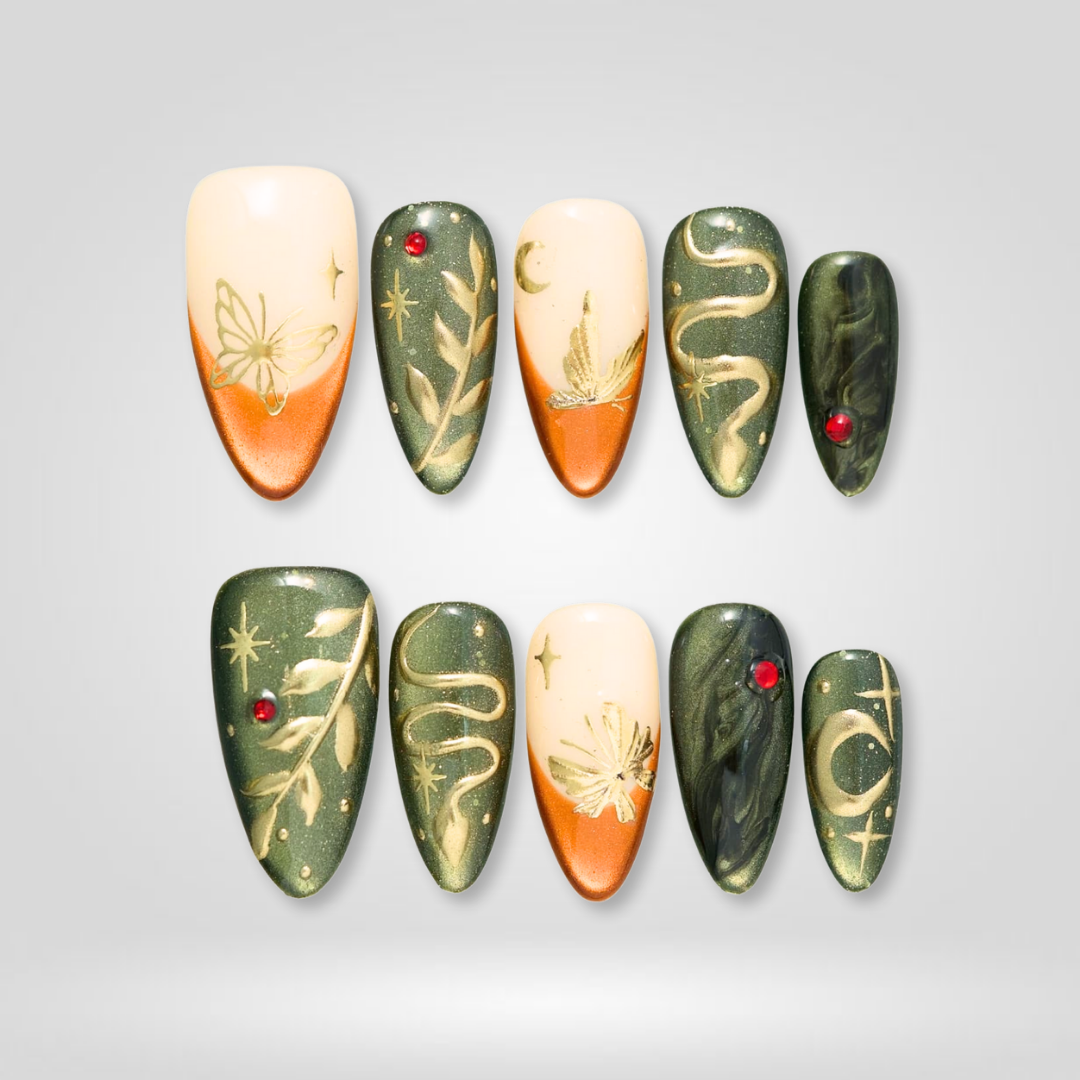 Autumn Muse sparkle press-on nails - almond shape, front view