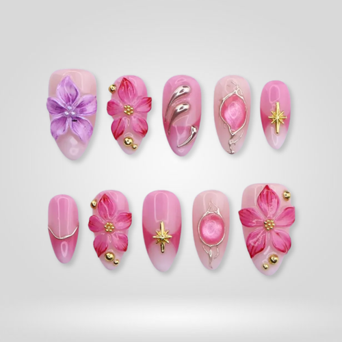 Pinky Petal floral press-on nails - almond shape, front view