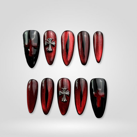 Wicked Glam vamp press-on nails - almond shape, front view