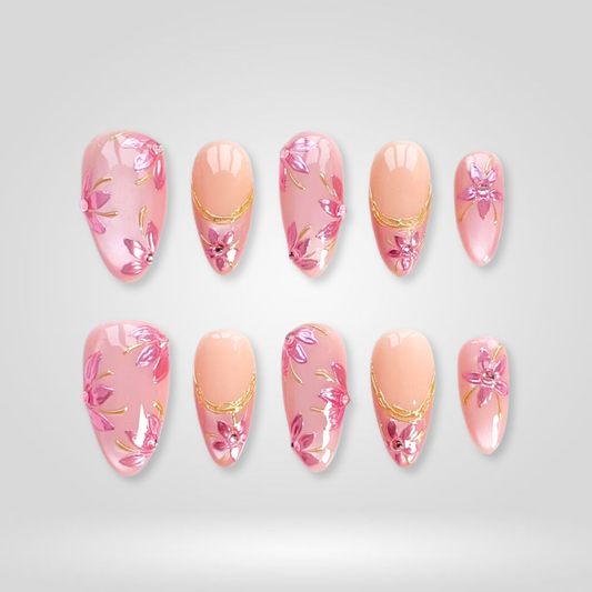 Peach Floral floral press-on nails - almond shape, front view