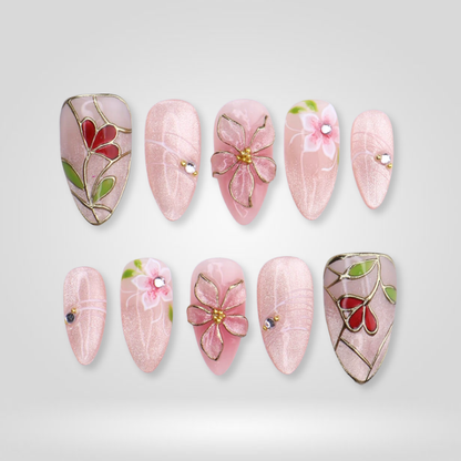 Blush Gardens floral press-on nails - almond shape, front view