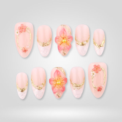 Coral Charm floral press-on nails - almond shape, front view
