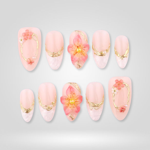 Coral Charm floral press-on nails - almond shape, front view