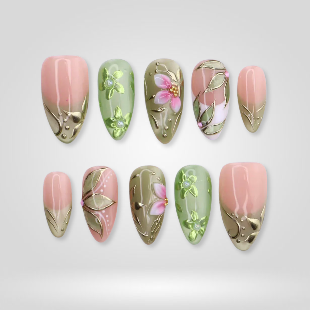 Sage Bloom floral press-on nails - almond shape, front view
