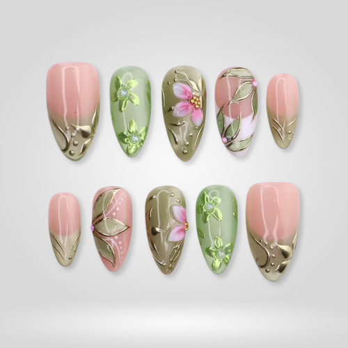 Sage Bloom floral press-on nails - almond shape, front view
