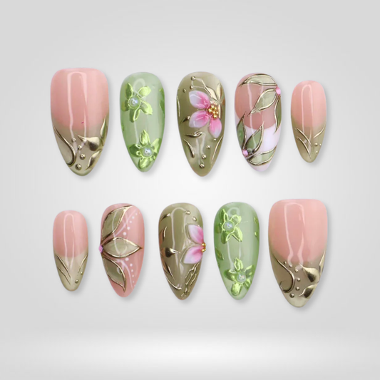 Sage Bloom floral press-on nails - almond shape, front view