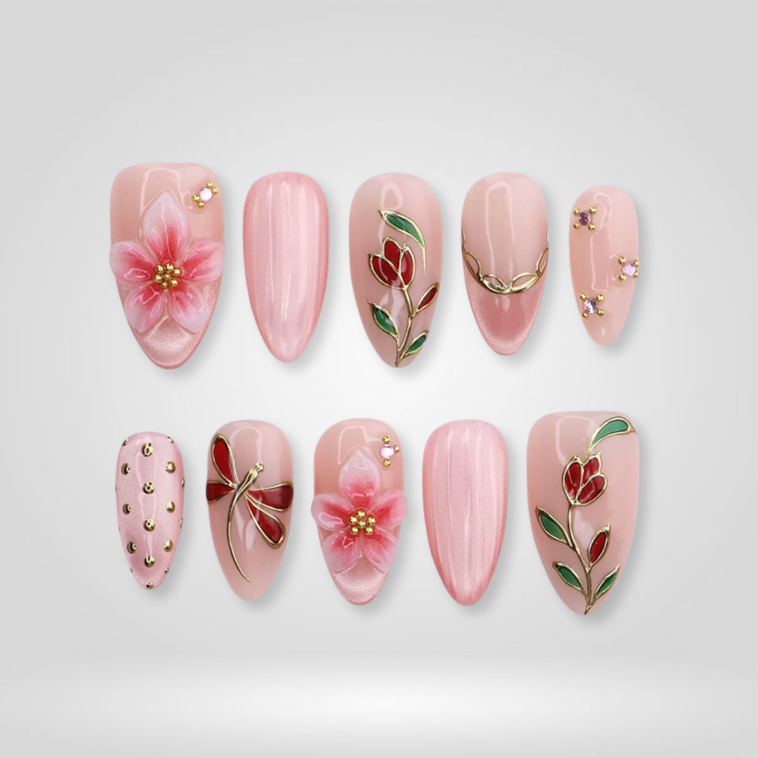 Rosy Tulip floral press-on nails - almond shape, front view