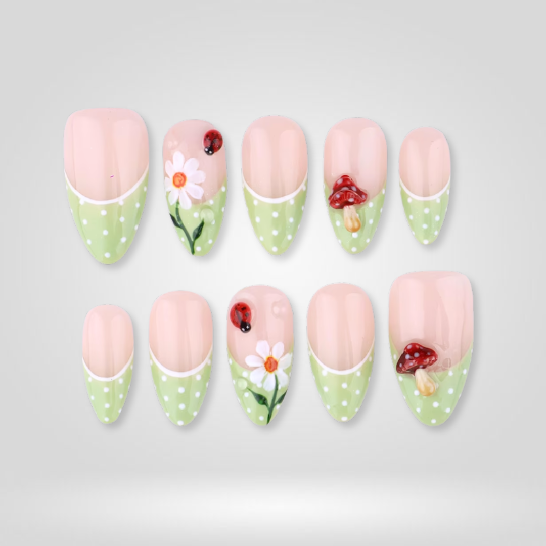 Daisy Lady floral press-on nails - almond shape, front view
