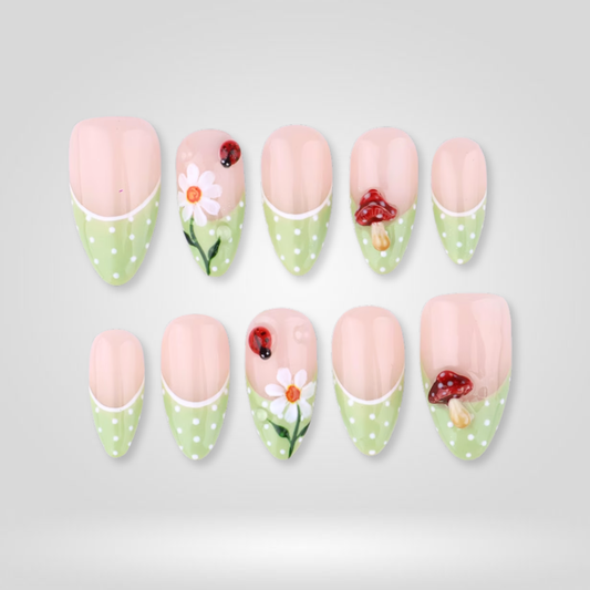 Daisy Lady floral press-on nails - almond shape, front view