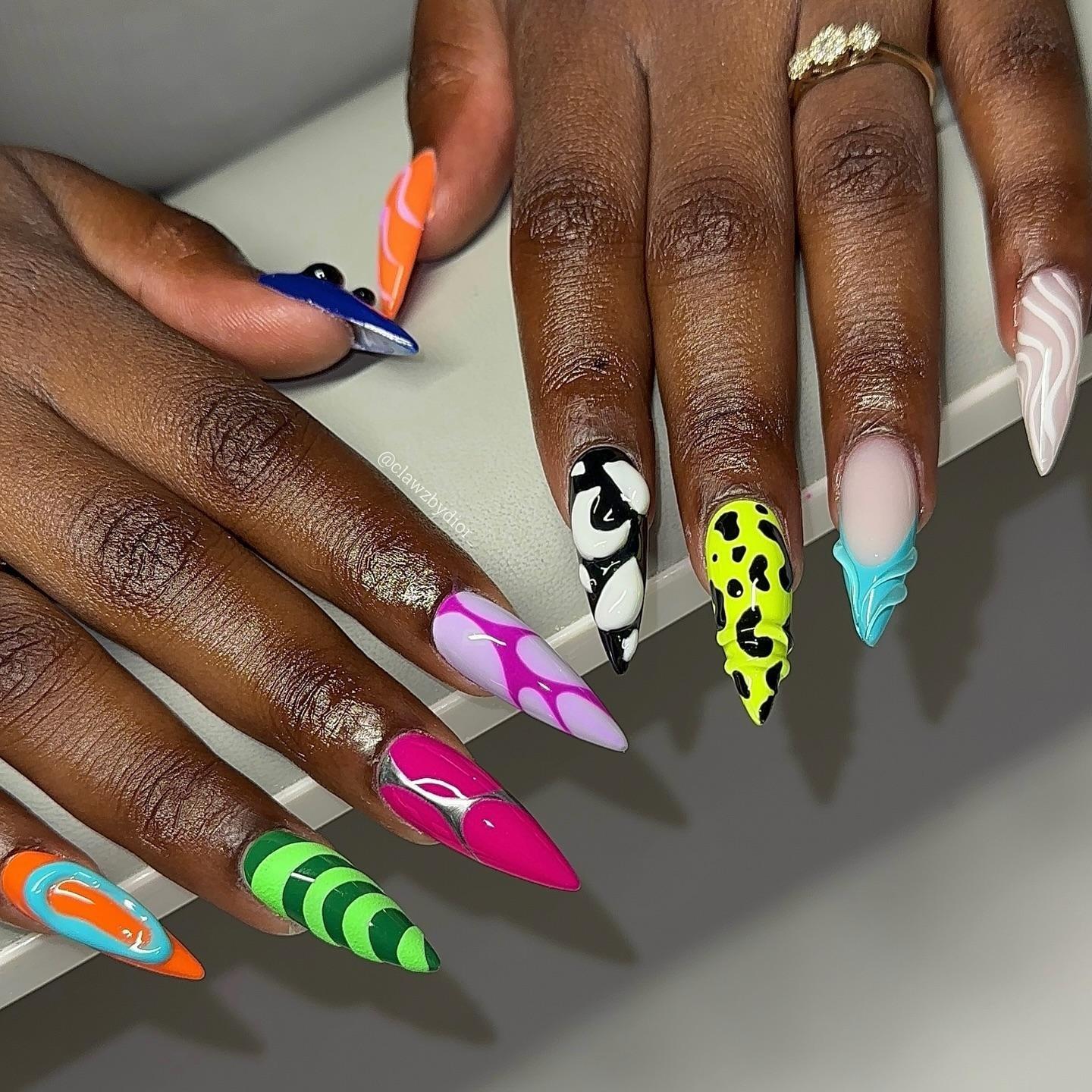 Neon Chaos press-on nails on hand - lifestyle photo, pearl-shift finish