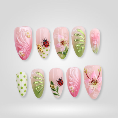 Ladybug Dot polka dot press-on nails - almond shape, front view