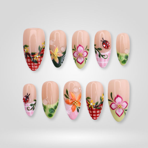 Basket Bloom floral press-on nails - almond shape, front view