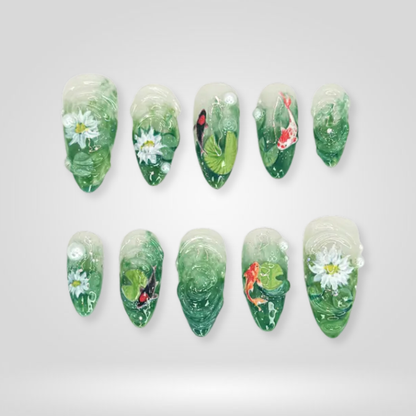 Koi Ocean cat-eye velvet press-on nails - almond shape, front view