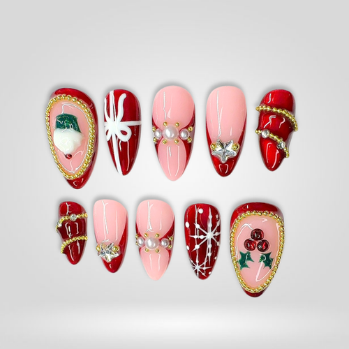 Joy Bell seasonal press-on nails - almond shape, front view