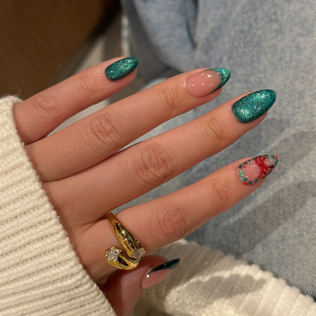 Holiday Magic press-on nails on hand - lifestyle photo, ombre gradient finish